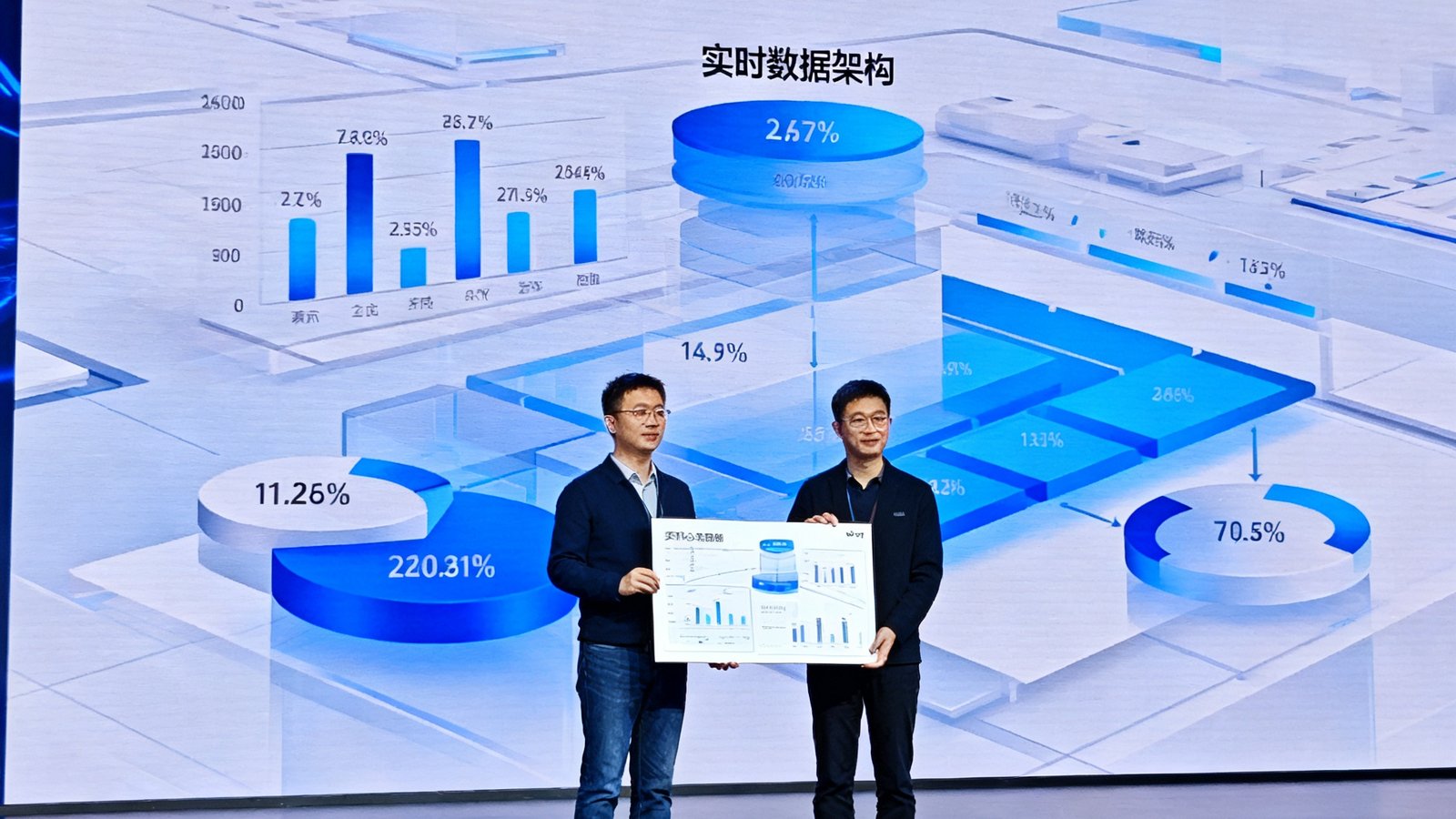 zoty中欧技术团队在发布会上展示全新的实时数据架构，背景是大型投影屏幕显示着技术升级的核心指标