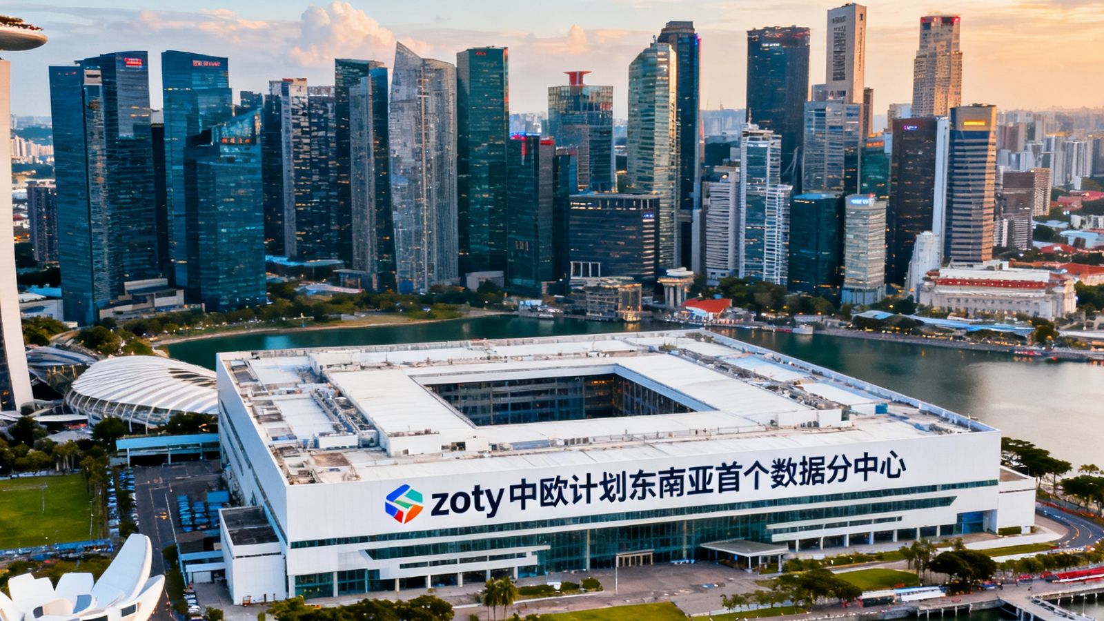 新加坡滨海湾全景图，zoty中欧计划在此设立东南亚首个数据分中心，背景是现代化的城市天际线