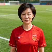 一位30岁左右的中国女性足球爱好者，短发干练，身穿红色足球训练服，背景是绿茵场